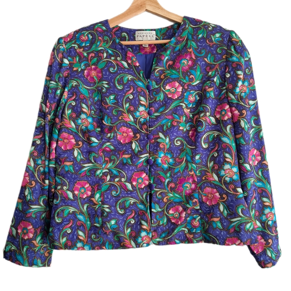 🍒 ADRIANNA PAPELL 100% Silk Vintage Floral Blazer Jacket PLUS Sz 16